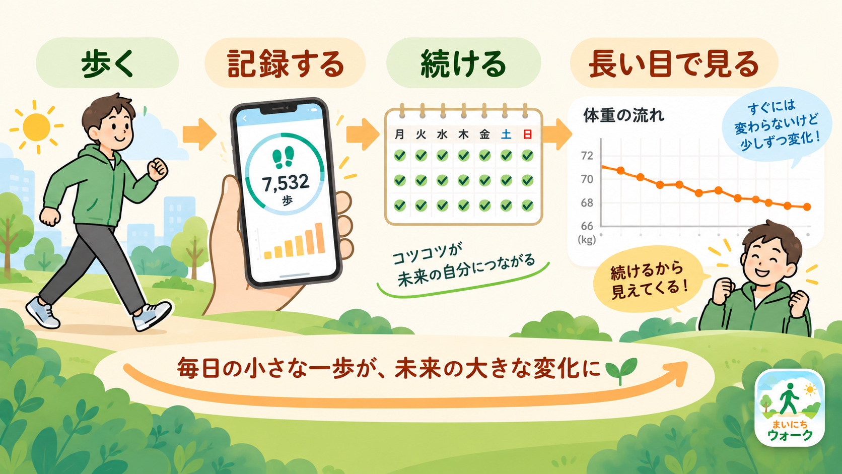 毎日の歩数を記録しながら歩く習慣を続け、長い目で体重の流れを振り返るイメージ図