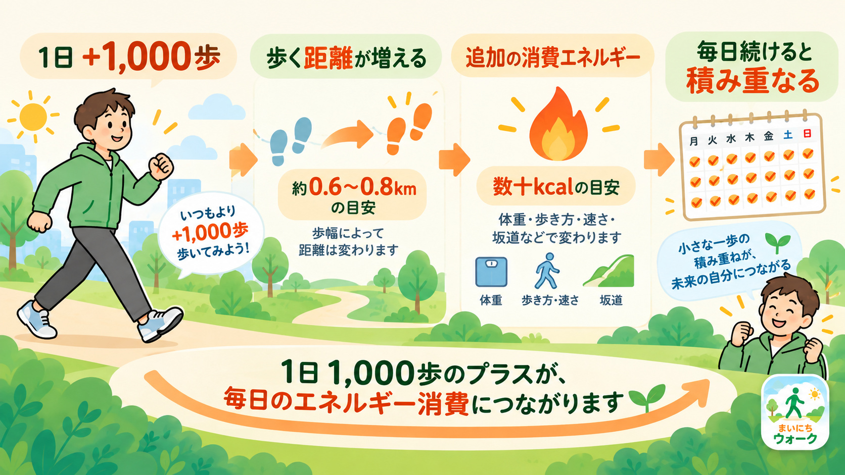1日1,000歩増やすと歩く距離と追加の消費エネルギーが増え、その差を毎日続けることで積み重なる流れを示した図