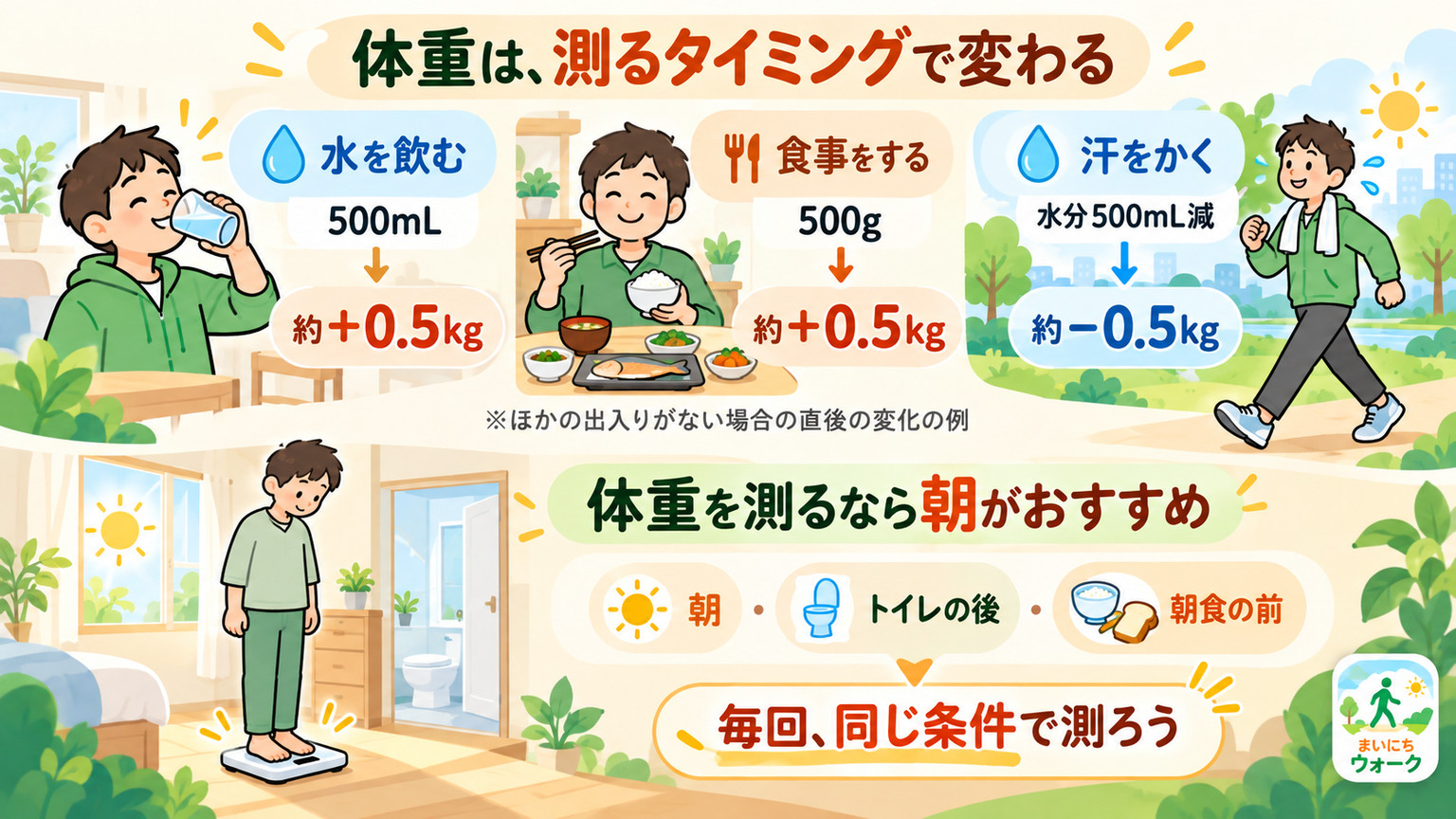体重は飲水500mLや食事500gで直後に約0.5kg増え、発汗で水分500mLを失うと約0.5kg減る例。朝起きてトイレを済ませ朝食前に、毎回同じ条件で測ることをすすめる図