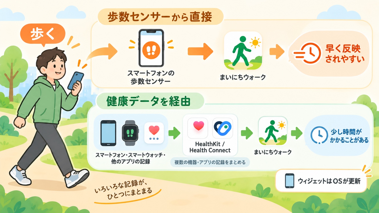 スマートフォンの歩数センサーから直接アプリへ反映する経路と、HealthKitやHealth Connectを経由して複数の機器やアプリの歩数をまとめる経路を比較した図